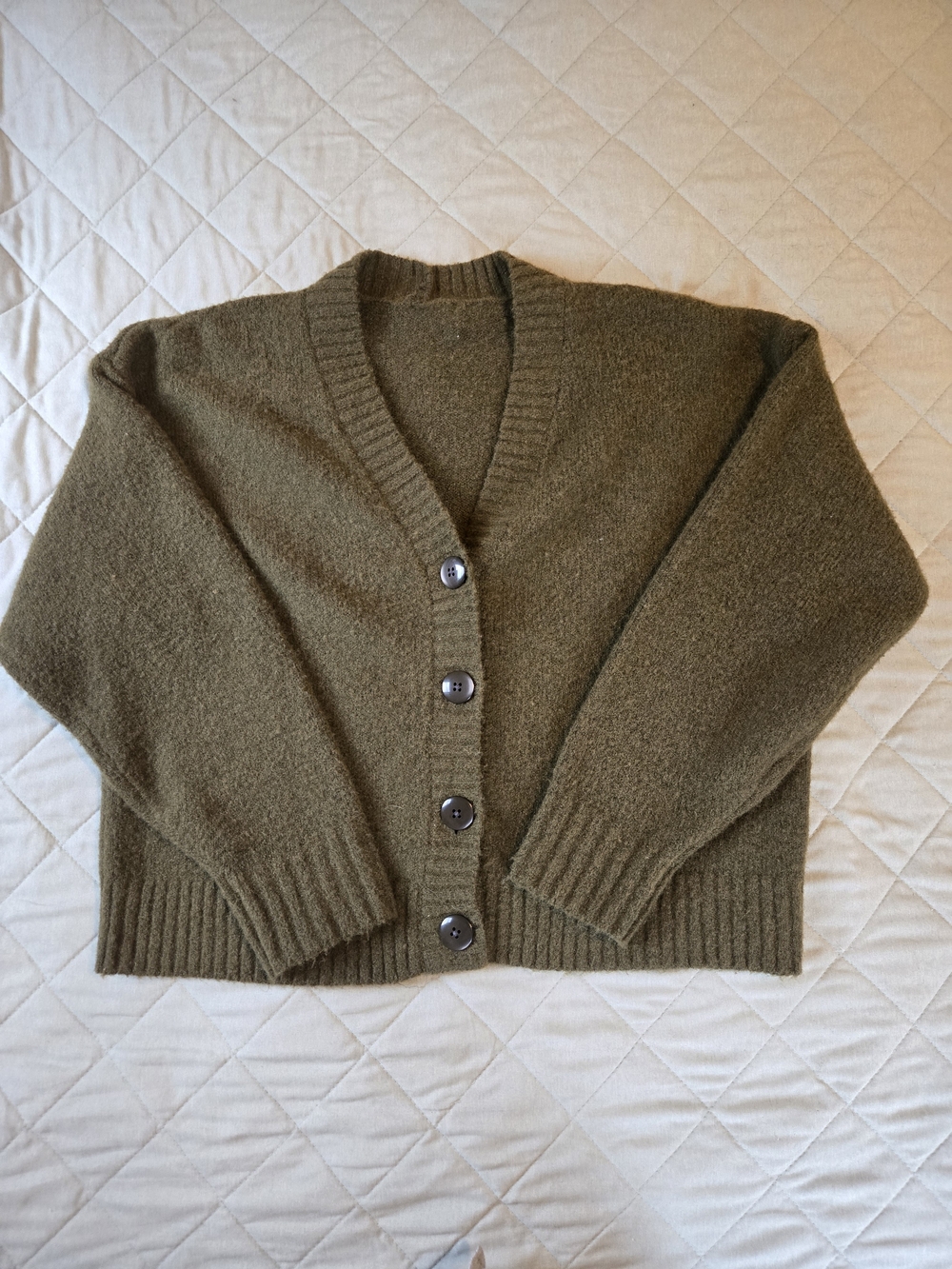 Olive Green V-Neck Boxy Button Cardigan Sweater